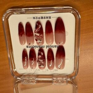 Crimson Marble" Press-On Nail Set – Pre-Designed Gradient Red with Swirl Accents